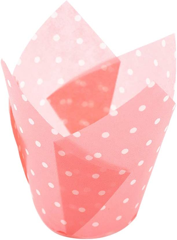 Lsgepavilion 50Pcs Dots Design Cake Paper Cup Tulip Shape Muffin Case Liners High Temperature Resistant Grease-proof