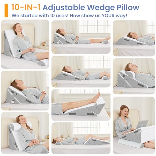 Sasttie Wedge Pillow Set for After Surgery, 4PCS Adjustable Bed Wedge Pillow Headboard with Memory Foam Neck Cushion – for Acid Reflux, Sleeping, Neck & Back Support, Light Grey & White