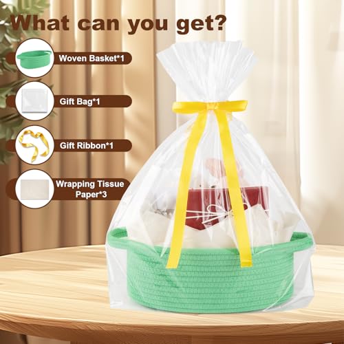 Image of OIAHOMY Gift Basket with Handle, Small Woven Basket with Gift Bag, Ribbon and Wrap Tissue Paper, Nursery Bins Empty to Fill with Small Items, Baby, Pet Toy Organizer - Green