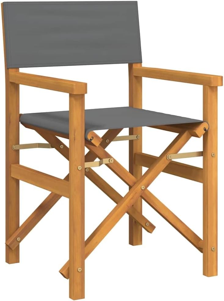 Folding Director's Chair Set of 2 in Grey Teak Wood and Polyester Medium Collapsible for Indoor Outdoor Use with Durable Construction and Comfortable Upholstery