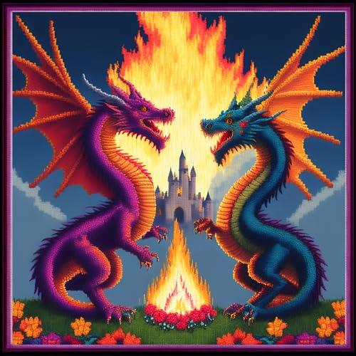 Image of Dimensean Stamped Cross Stitch Kits Full Range of Embroidery Patterns Starter Kits for Beginners Adult DIY Cross Stitches Needlepoint Kits 11CT-Coloured Dragon and Castle 17.7x17.7 inch