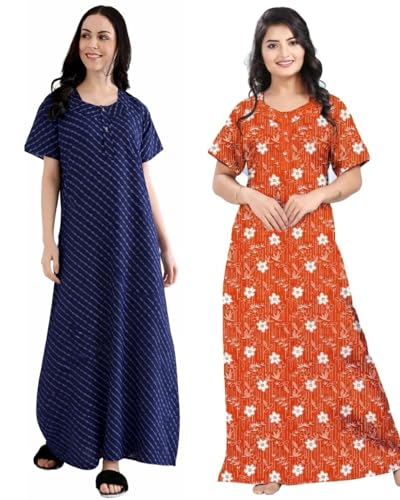 Image of Women Cotton Nighty Combo Pack of 2, Printed Maxi Nighty Gown, Short Sleeve Cotton Nightdress, Soft Breathable Ankle Length Sleepwear Nightwear for Ladies, Free Size