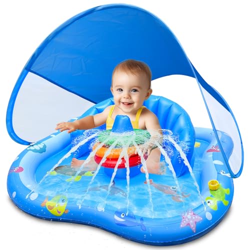 iGeeKid Baby Play Mat with Sprinkler, Inflatable Baby Pool Float with Canopy Backrest & Stackable Rings Water Sprinkler for Kids, Outdoor Water Play Toys for Toddlers Backyard Swimming Water Games