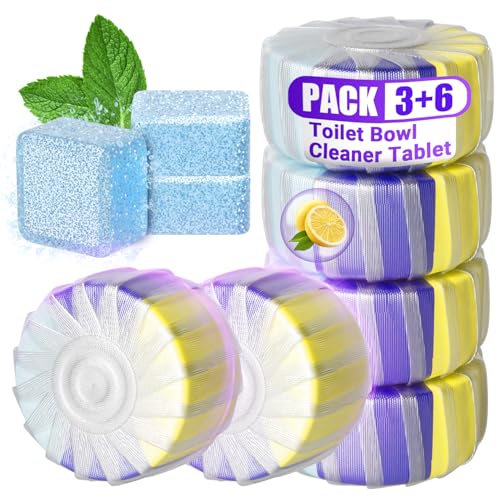Upgraded Toilet Blocks for Cisterns, 6PCS Triple Effect Toilet Cleaner with 3PCS Toilet Tank Cleaners Tablets with Bleach, Toilet Bowl Cleaner Tablets Drop in Tank for Deodorizing & Descaling