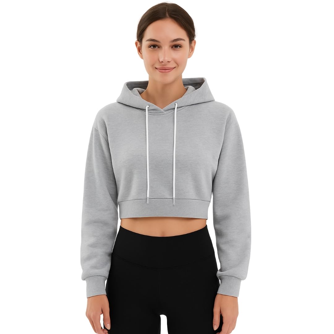 Fashion Mart Women's Cropped Hoodie Jacket with Zipper | Casual Solid Color Crop Top Hoodie with Kangaroo Pocket | Regular Fit for Women & Girls-image-4