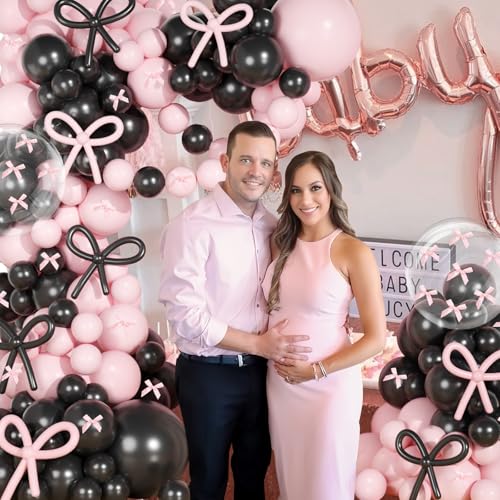 Image of Pink and Black Balloons Arch Kit, 199Pcs Pink and Black Bow Birthday Decorations with 260 Bubble Balloons Ribbon for Coquette Bow Theme Birthday Bridal Shower Bachelorette Baby Shower Wedding