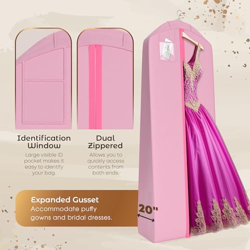Your Bags Quinceanera Dress Garment Bag - Garment Bags for Hanging Gowns or Storage Preservation - 72" Quinceanera Storage Bag for Gowns with 20" Gusset for Puffy Quinceanera Gowns - Pink/Gold4