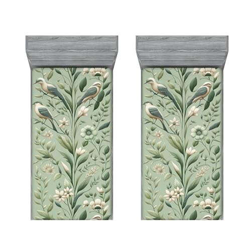 Ambesonne Birds 2 Pack Fitted Sheet, Meadow Flowers Wingy Animals, Bed Cover All-Round Elastic Deep Pockets 2 Pieces, Package Contains 2 Twin XL Size Fitted Sheets, Pale Khaki Pale Green