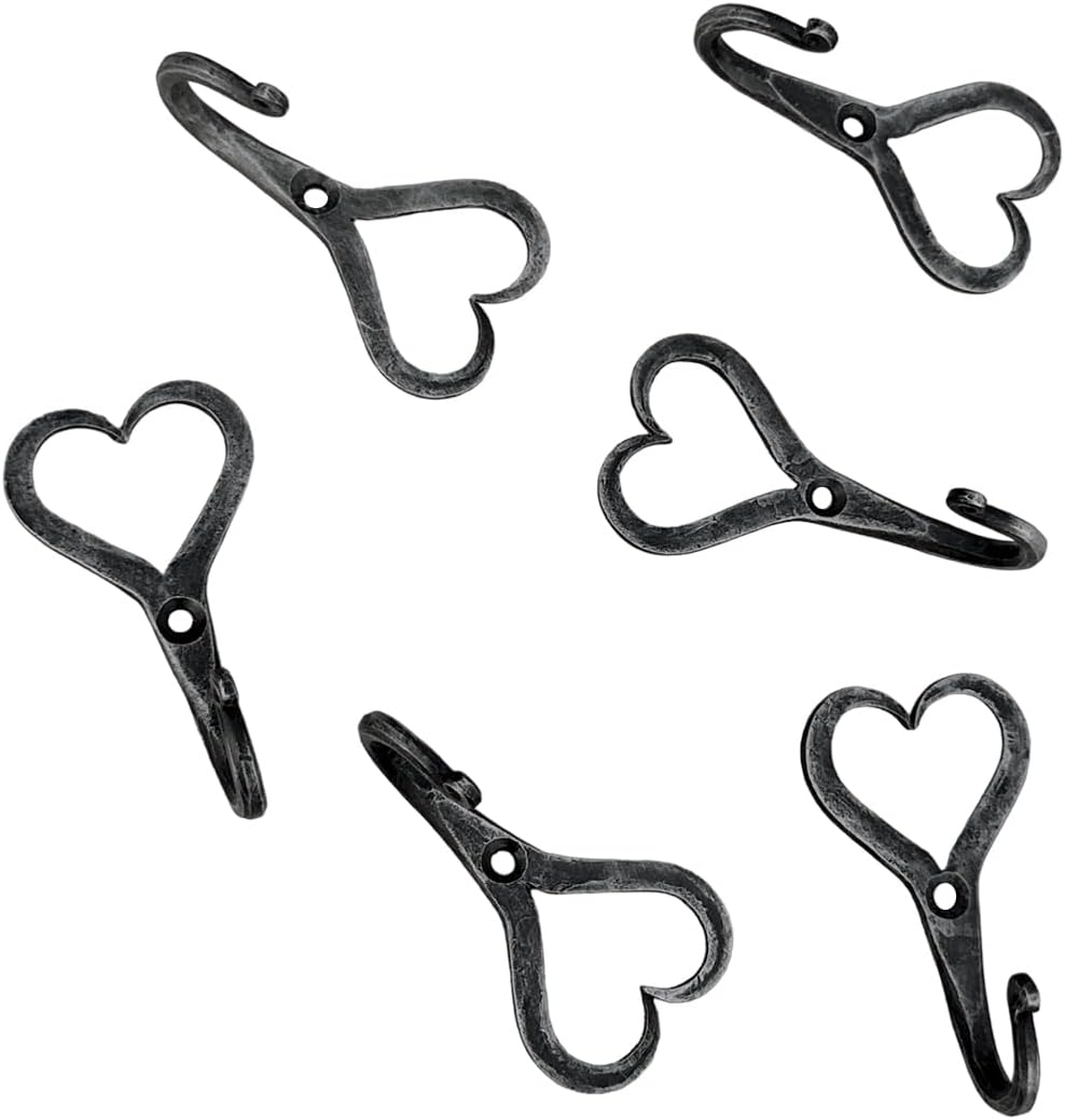 Living Ideas Hand Forged Heart Shape Wall Hook Set of 6 Pcs Wrought Iron Handmade Rustic Hook for Plant & Mug Blacksmith Farmhouse Coat Hook Rack Antique Finish Heavy Duty Kitchen Utensils Hooks