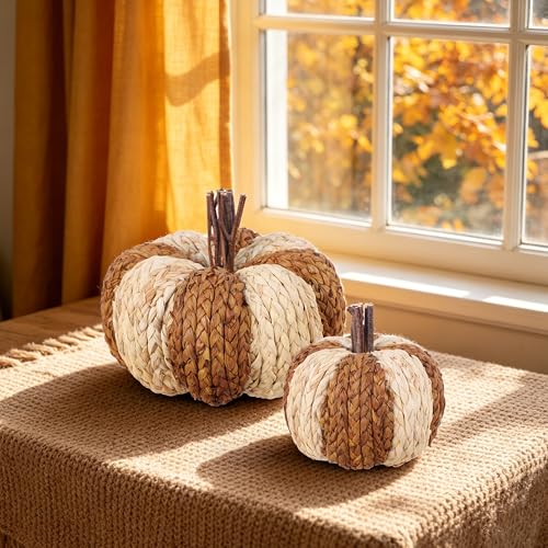 Image of winemana Woven Wicker Pumpkins Fall Pumpkin Decor, 2 Pack | Thanksgiving Table Centerpiece, Artificial Pumpkin for Home, Farmhouse Autumn Decorations Indoor Outdoor