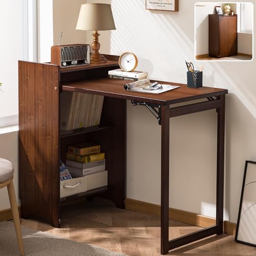Bamboo Folding Desk with Storage, Space-Saving Foldable Computer ...