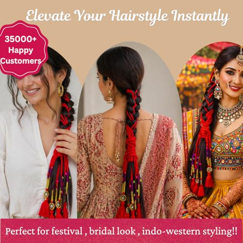 Image of Zippy Flora Neelima Parandi (Red) | Traditional Boho Handmade Paranda Hair Accessory with Braid Tassels | Women's Ethnic Hair Extension for Choti, Braids & Patiala Shahi Hairstyles