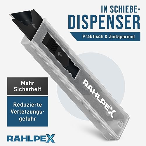 Rahlpex 60 x Cuttermesser Klingen 18mm extra scharf und langlebig. Abbrechklingen für Teppichmesser inklusive Schiebedispenser mit Karbonstahl Klingen Cuttermesser, schwarz (60 Stück)