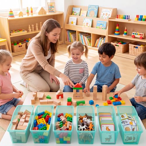 Image of Geetery Plastic Book Bins for Classroom, 24 Pcs, Blue-Green