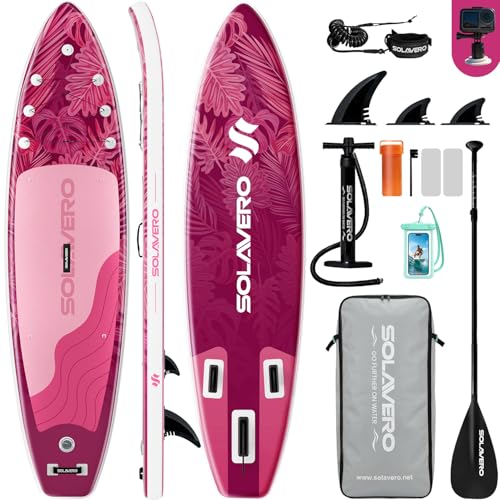 SOLAVERO 10\'6\'\' Inflatable Stand Up Paddle Board Pink with Premium SUP Accessories, Yoga Board with Anti-Slip Comfort EVA Deck for Youth & Adults, SUP for Sunbathing, Yoga & Swimming