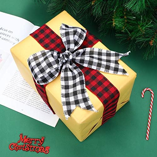Miniatura 3 de Boao 2 rollos de cinta de Navidad a cuadros de búfalo para envolver Navidad, borde con alambre, cinta de arpillera, decoración de árbol de Navidad