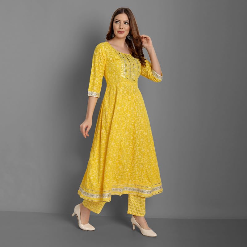Image of NASRO Women's Viscose Rayon Printed Embroidered Round Neck 3 /4th Sleeves Anarkali Kurta & Pant Suit Set /Salwar Suit Set (Purple)