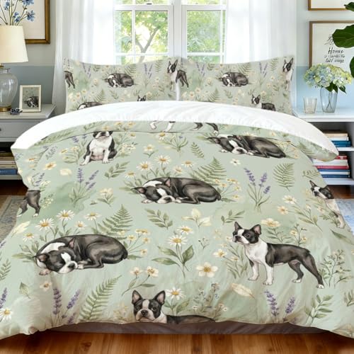 Dog King Duvet Cover Set Microfiber, Boston Terrier Floral Bedding for Dog Lovers, Cottagecore Botanical King Bedding Set, Soft Lightweight Puppy Green Comforter Cover with 2 Pillowcases