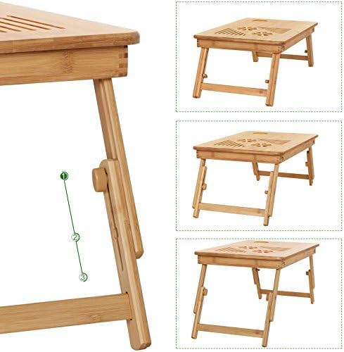 SONGMICS Bamboo Laptop Desk, Foldable Bed Table, Height Adjustable Sofa Tray, with 5 Tilting Angles, Air Holes, Small Drawer, 55 x 35 x (21 - 29) cm LLD002