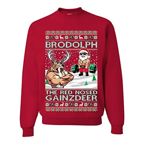 Funny Santa Gym Lifting Welcome to The North Swole Ugly Christmas Sweater Unisex Crewneck Graphic Sweatshirt, Red Brodolph, XXL