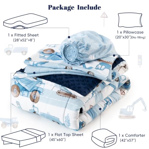 Image of PHF 4 Piece Minky Toddler Bedding Set, Ultra Soft Fluffy Skin-Friendly Soothing Minky Dot Toddler Comforter Set, Unique Pattern Breathable All Season Bedding Set for Boys,Truck