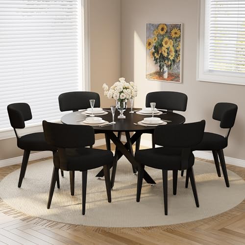 Image of Wood Dining Table Set for 6, 47 inch Round Kitchen Table with 6 Boucle Dining Chairs, MDF Tabletop with Metal Legs, Ergonomic Dining Chair with Metal Legs(Black Table)