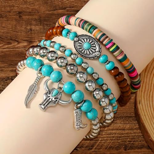 EVKILKJS Western Bracelets for Women Cowgirl Turquoise Beaded Bracelets Stackable Bracelet for Women Jewelry Bohemian Country Concert Cowboy Outfit Accessories4