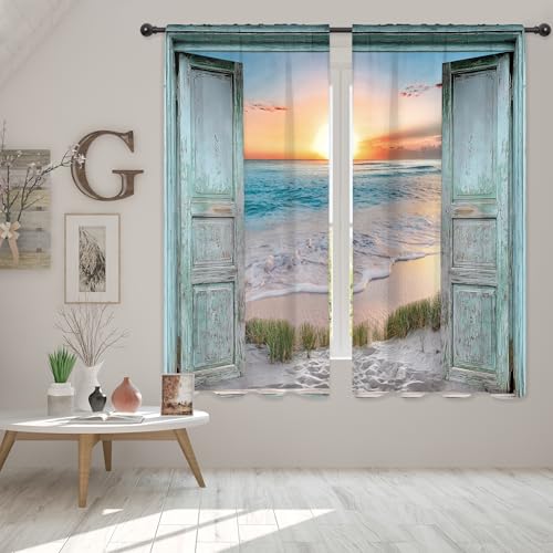 Riyidecor Teal Ocean Sea Curtains Coastal Nautical Barn Wood Door Sunset Rod Pocket Turquoise Country Seaside Modern Men Women Bedroom Living Room Treatment Fabric 2 Panels 42Wx63H Inch