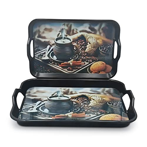 Image of SUPERWARE | Food Grade Melamine | Serving Tray Set - Handy Tray Fresh Coffee Black Base (2 nos.) | Serveware, Tableware, Stain Free, Glazed Finish