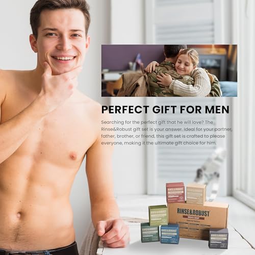 Rinse & Robust Mens Natural Bar Soap 6Pcs Handmade Cleansing Soap Bar Set Moisturizing&Exfoliating Scrub Soap 6 Different Scents 3.5 oz of 6 Bars