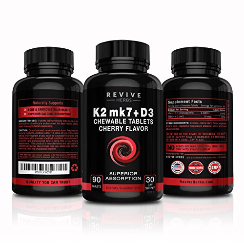 Revive Herbs Vitamin K2 D3 - Cherry Flavored Chewable Tablets For Superior Calcium Absorption - Supports Bone & Cardiovascular Health - Serving Size K2 Mk7 225 Mcg, D3 6000 Iu - Vitamin D3 K2 #TOP3