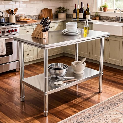 Image of DWVO 30x24in Stainless Steel Table with Adjustable Shelf | NSF Metal Prep Worktable for Kitchen Restaurant Hotel Garage Warehouse Home Commercial