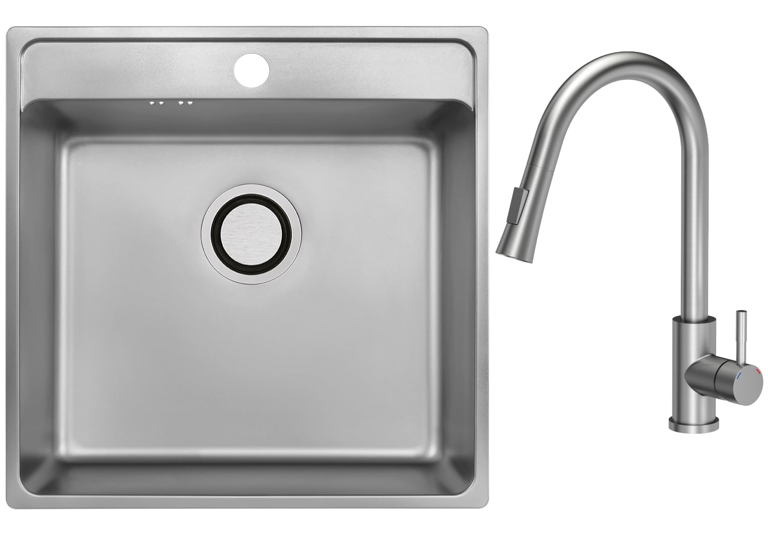 VBChome Edelstahlspüle mit Armatur 49 x 48 x 21 cm Inox Glatt Edelstahl Einbauspüle mit Hahnloch Küchenspüle Spüle Groß Becken Siphon Edelstahlspüle Armatur Inox mit ausziehbarem Auslauf