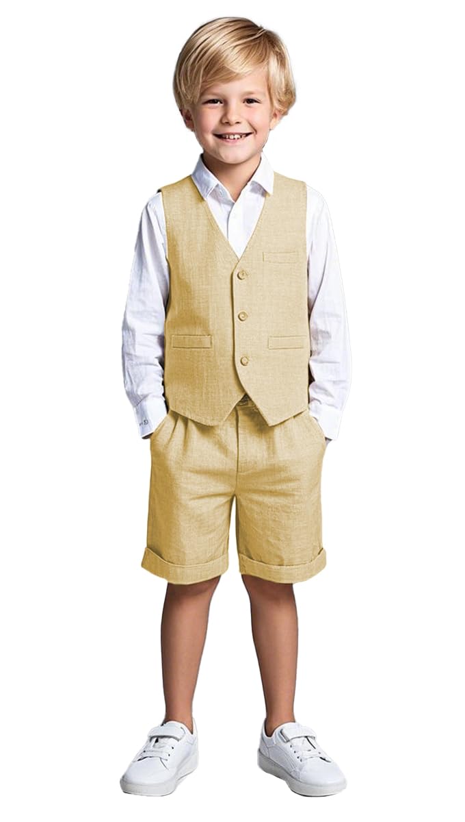 Traje de lino de 2 piezas para niños, chaleco y pantalones cortos, traje de verano para la playa, champán, 12 años