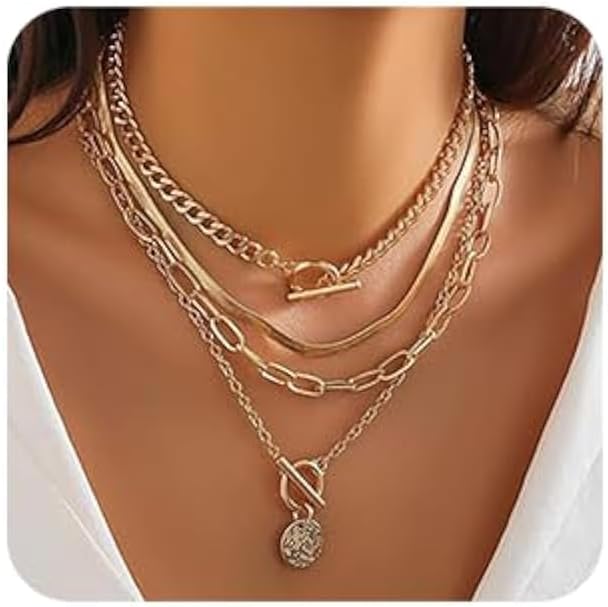 4Pcs Layered Gold Choker Necklace Sets for Women Retro Coin Dainty Snake Chain Toggle Clasp Necklace