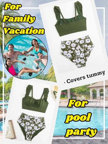 Women 2 Piece High Waisted Bikini Set, Floral Ruffle Tummy Control Swimsuit, Ruched Modest Full Coverage Bathing Suit4