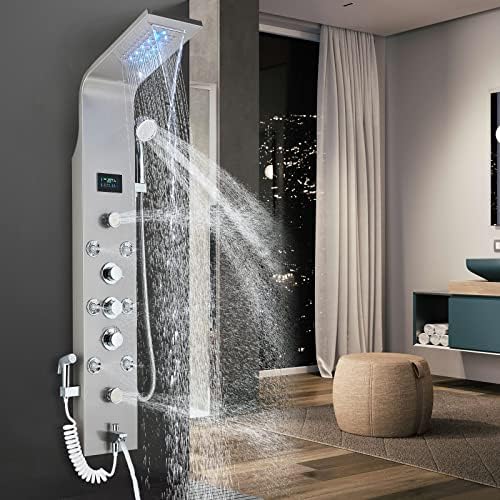 Colonne de douche Hydromassante Nickel Brossé 6 Jets Panneau de Douche pour Salle de Bain Systeme Douche Mural Multifonctionnel Ensemble De Douche Cesinkin