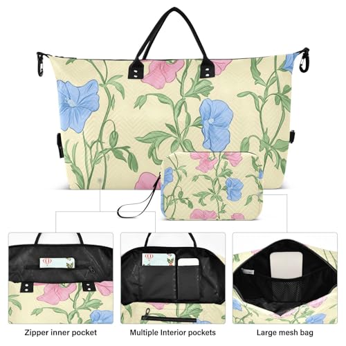 Pink and Blue Pea Flowers Pattern Travel Duffle Bag, Large Weekender Overnight Bags for Women Men Waterproof Carry on Shoulder Tote Bags for Hospital Maternity Mommy Gym with Toiletry Bag2