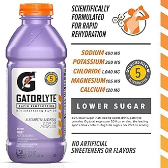 Gatorlyte Rapid Rehydration Electrolyte Drink, Mixed Berry, 20 fl oz Bottles (12 Pack), Specialized Blend of 5 Electrolytes, Lower Sugar, No Artificial Sweeteners, No Artificial Flavors, Gatorade, Hydration