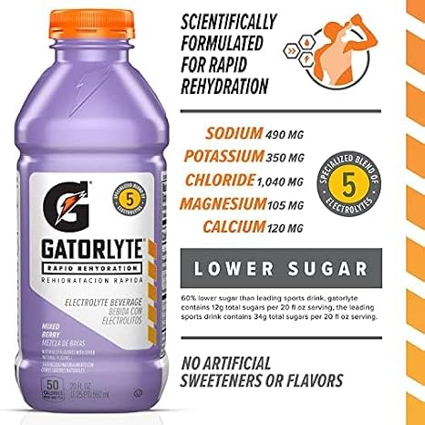 Gatorlyte Rapid Rehydration Electrolyte Drink, Mixed Berry, 20 fl oz Bottles (12 Pack), Specialized Blend of 5 Electrolytes, Lower Sugar, No Artificial Sweeteners, No Artificial Flavors, Gatorade, Hydration