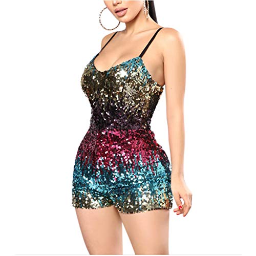 RARITYUS Fashion Women Sexy Backless Deep Glitter Crewneck Sleeveless Short Jumpsuit Sequins Party Club Rompers (Jumpsuit1, Medium)