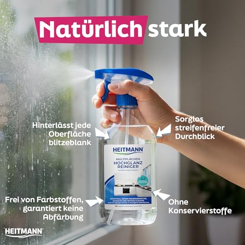 HEITMANN pure Multiflächen Hochglanzreiniger | Kraftvoll gegen Fett & Fingerabdrücke | Streifenfrei auf Glas, Möbel & Hochglanzoberflächen | 2in1 Formel | 500 ml