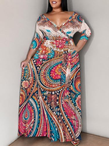 Image of SUZONANA Plus Size Maxi Dresses for Curcy Women Casual Loose 3 /4 Sleeve Long Dress with Belt