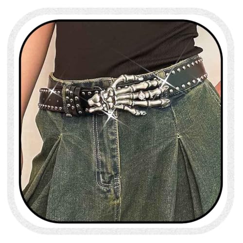 COSYDAYS Skeleton Hand Studded Leather Belt Black Punk Y2k Belt Goth Rave Halloween Jeans Belts Accessories for Women