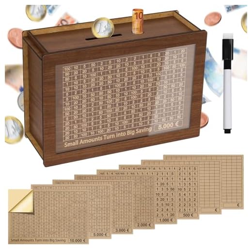 Alyvisun Huchas 5000€ de Madera con Bolígrafo y Pegatinas, Reutilizable Hucha Ahorro con Contador Caja Ahorro Retro Hucha Cerdito Alcancia para Adultos y Niños (Objetivo 500-10000€)