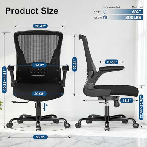 Image of Mesh Office Chair, Comfy Desk Chair with Flip-Up Armrests, 6PC | 300 LBS Capacity, Black Breathable Mesh, Adjustable Height, 360 Swivel Wheels, Computer Chair for Study, Home Space Saving