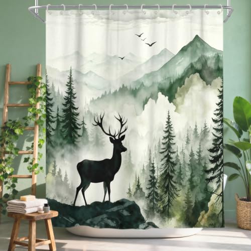 VeiVian Green Forest Deer Shower Curtain Misty Pine Woodland Nature Mountain Shower Curtains for Bathroom Decor Rustic Cabin Waterproof Polyester Fabric Bath Curtain Set 72x72 Inch with Hooks