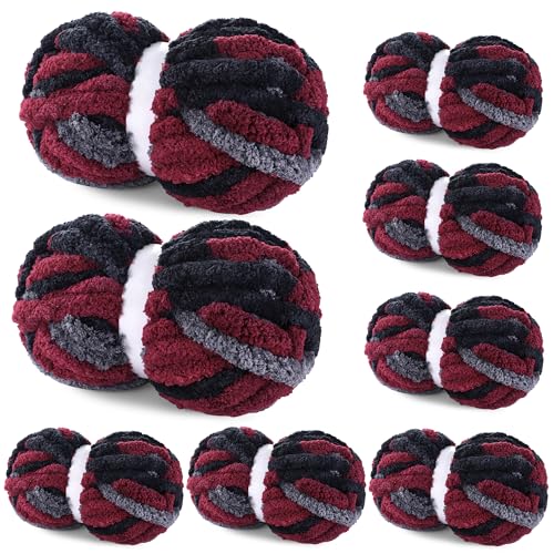 Image of Maboozoo Tie Dye Chunky Yarn for Crocheting & Knitting - 8 Pack, Wine Red & Grey Fluffy Jumbo Chenille Yarn (26 yds, 7.5 oz Each Skein)