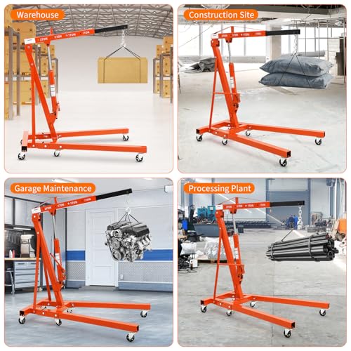 Image of GarveeTech 2-Ton Folding Engine Hoist Cherry Picker 4400 Lb Capacity Hydraulic Shop Crane with Telescoping Boom 6 Caster Wheels for Automotive Repair Garage Use Includes Hitch and Storage Stand Red