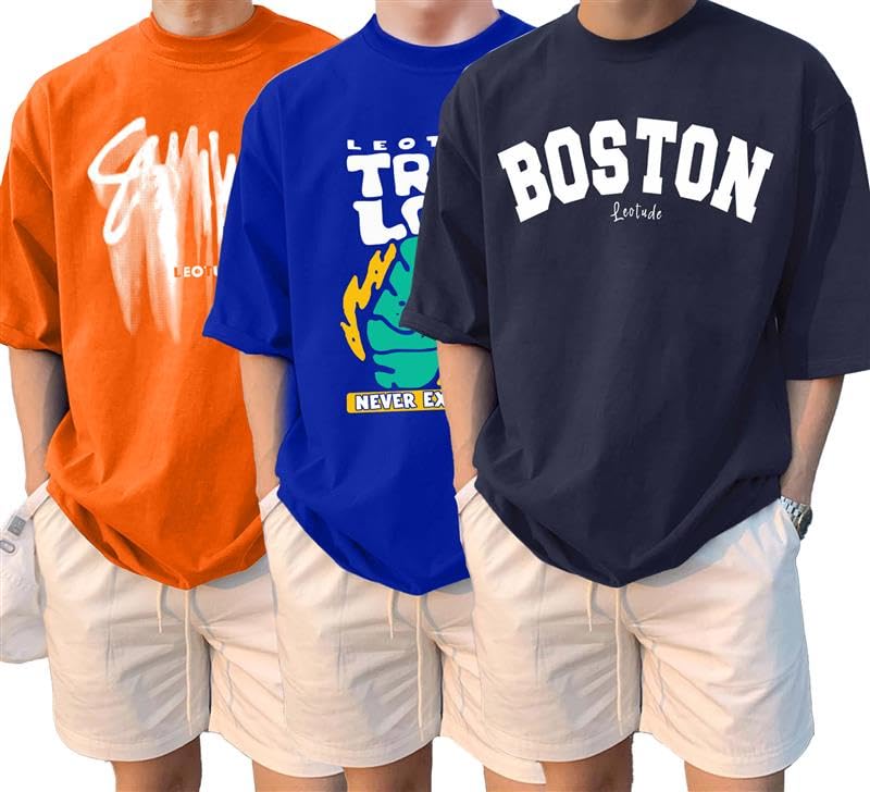 Image of LEOTUDE Men Half Sleeve Round Neck Graphic Font Printed Cottonblend Oversized Tshirts (Colour: Orange)